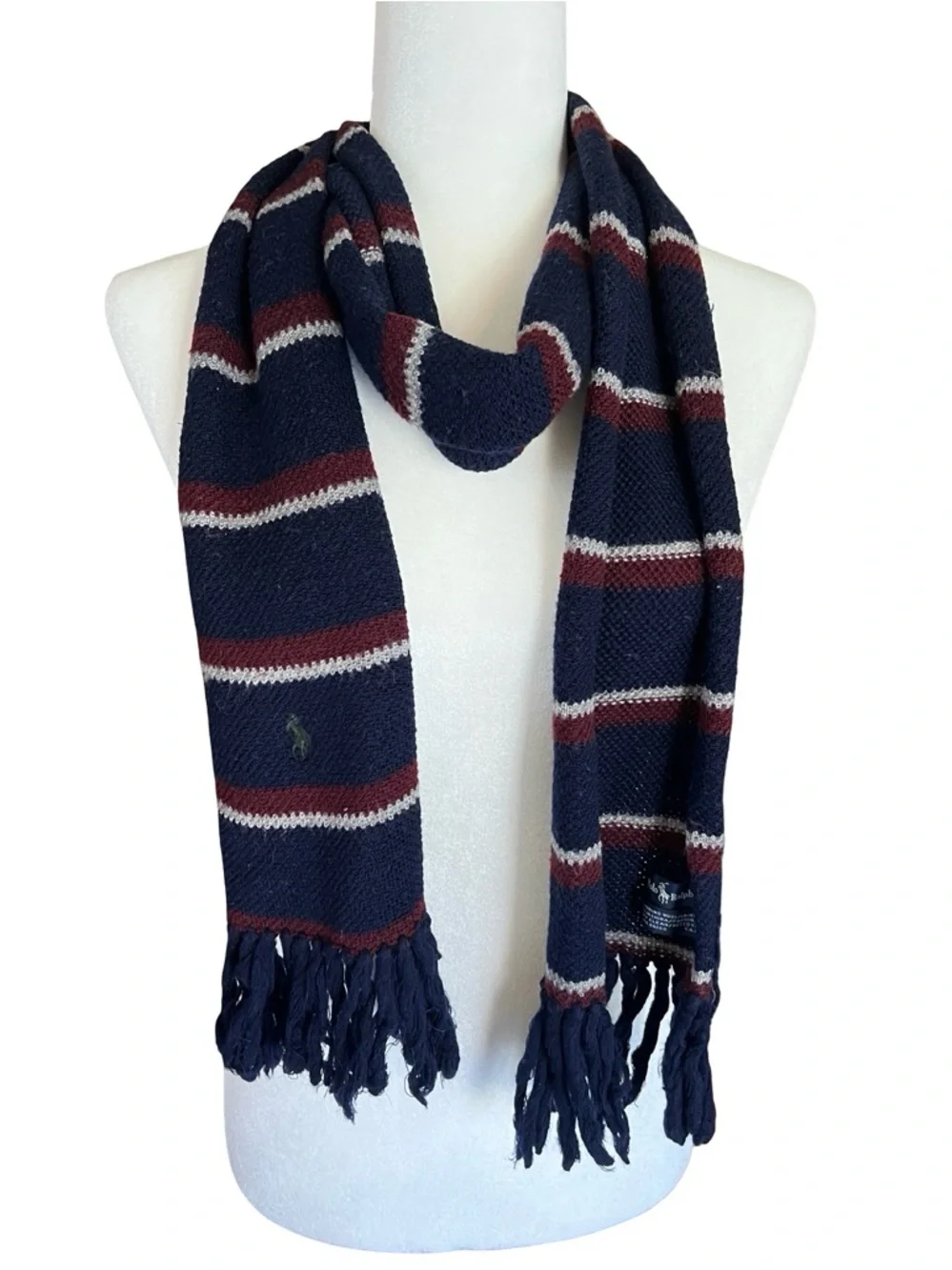 VTG POLO RALPH LAUREN 100% Merino Wool Striped Scarf Logo Blue Classic Luxe Prep